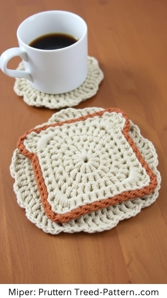 Crochet toast coaster in beige and brown on a wooden table with a coffee cup.